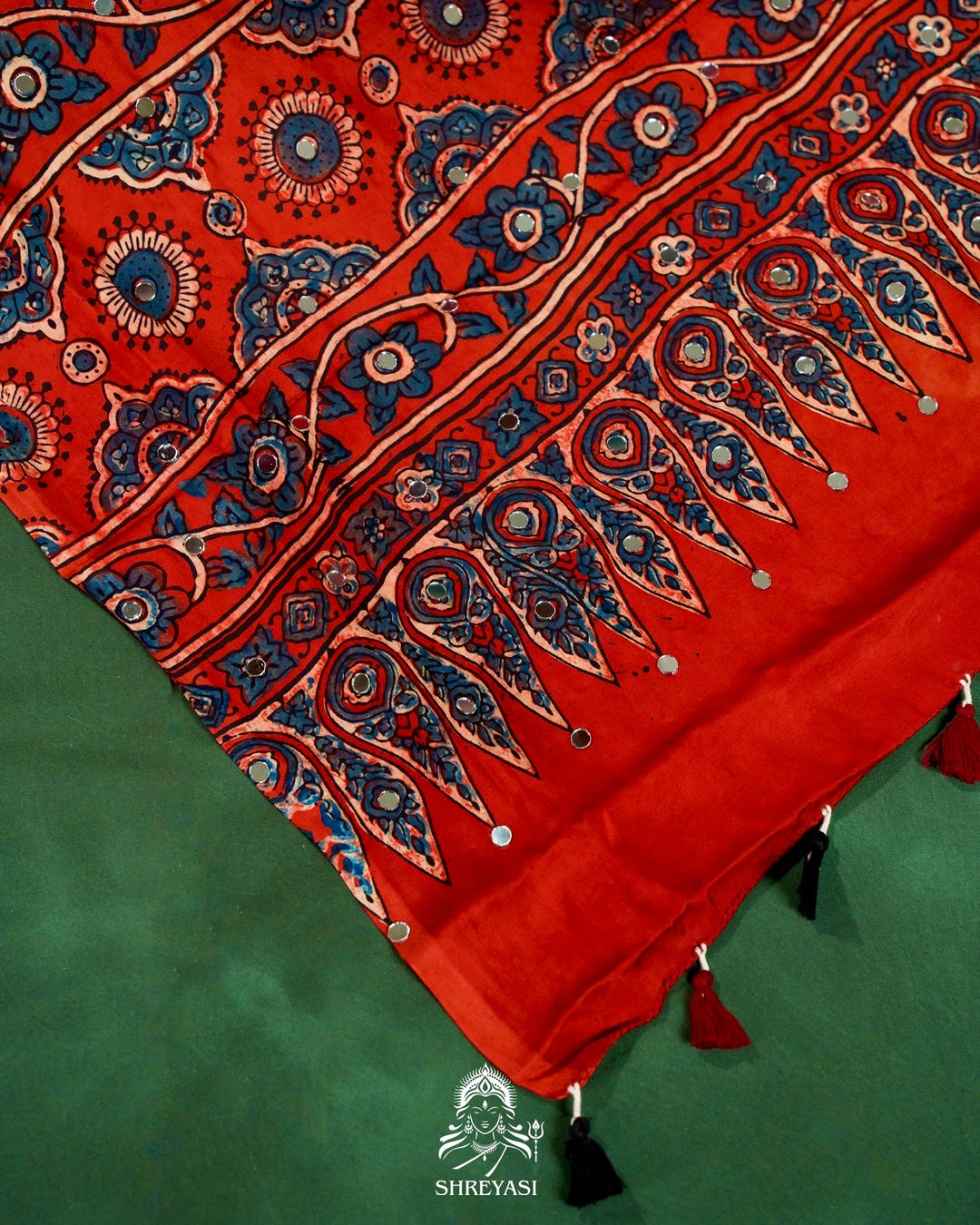 Mirror Work Pure Modal Silk Ajrakh Hand Block Printed Saree | Naturally Dyed Artisan Collection
