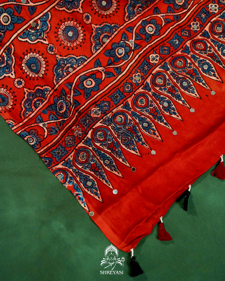 Mirror Work Pure Modal Silk Ajrakh Hand Block Printed Saree | Naturally Dyed Artisan Collection