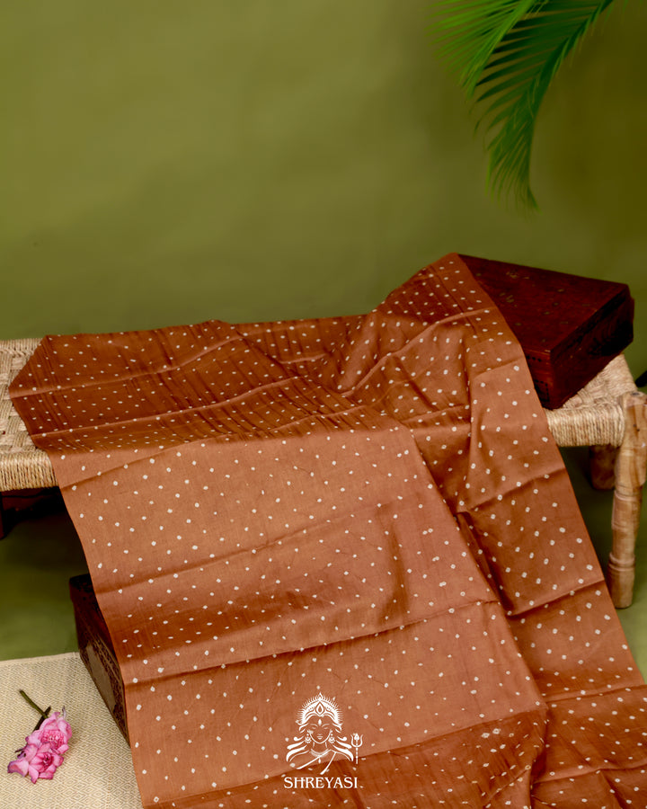 Handloom Pure Tussar Silk Saree with Hand Knotted Bandhej and Pen Kalamkari Pallu and Blouse