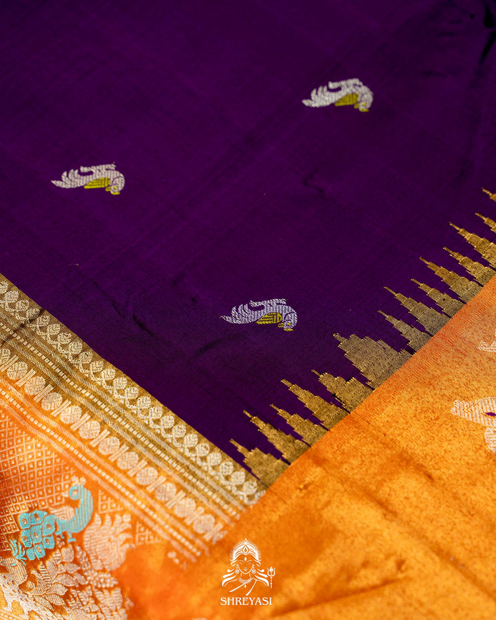 Handloom Pure Gadwal Silk Saree with Tissue Border & Contrast Full Bhuti Silk Blouse