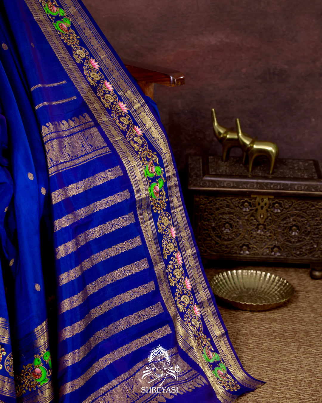 Handloom Pure Kanjivaram Silk Saree in Real Zari with Tanjore Mayil and Kamalam Artwork