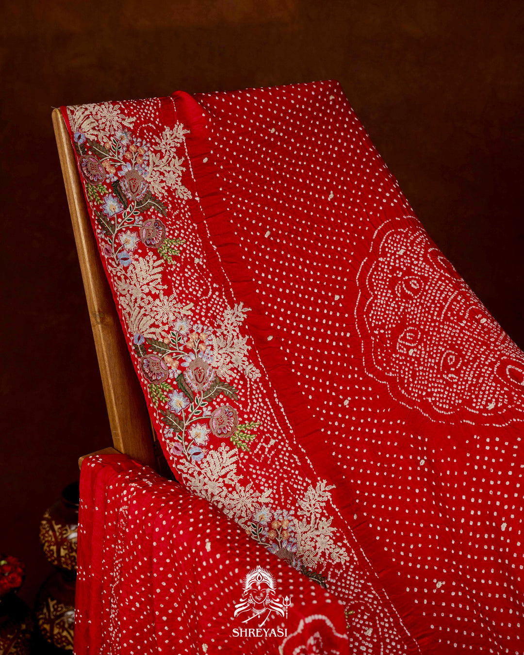Handloom Pure Gaji Silk Bandhej Saree with Floral Embroidery in Scarlet Red