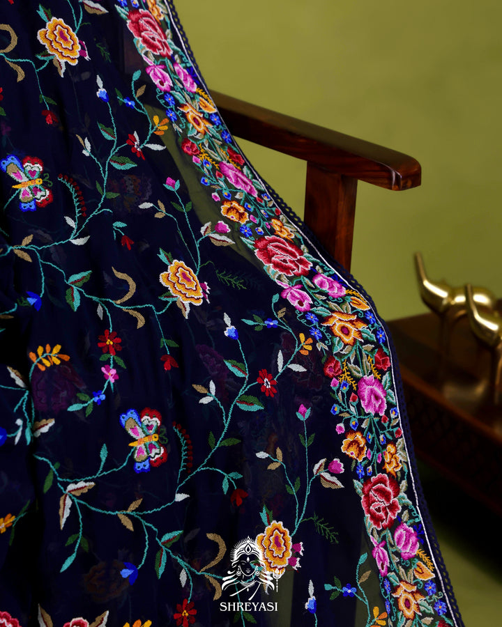 Pure Georgette Saree with Petit Point Embroidery and Lace Borders