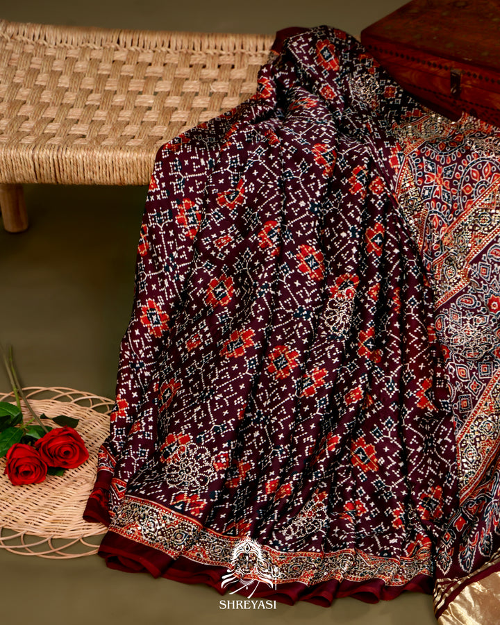 Pure Modal Silk Ajrakh Saree with Swarovski Crystal Embroidery