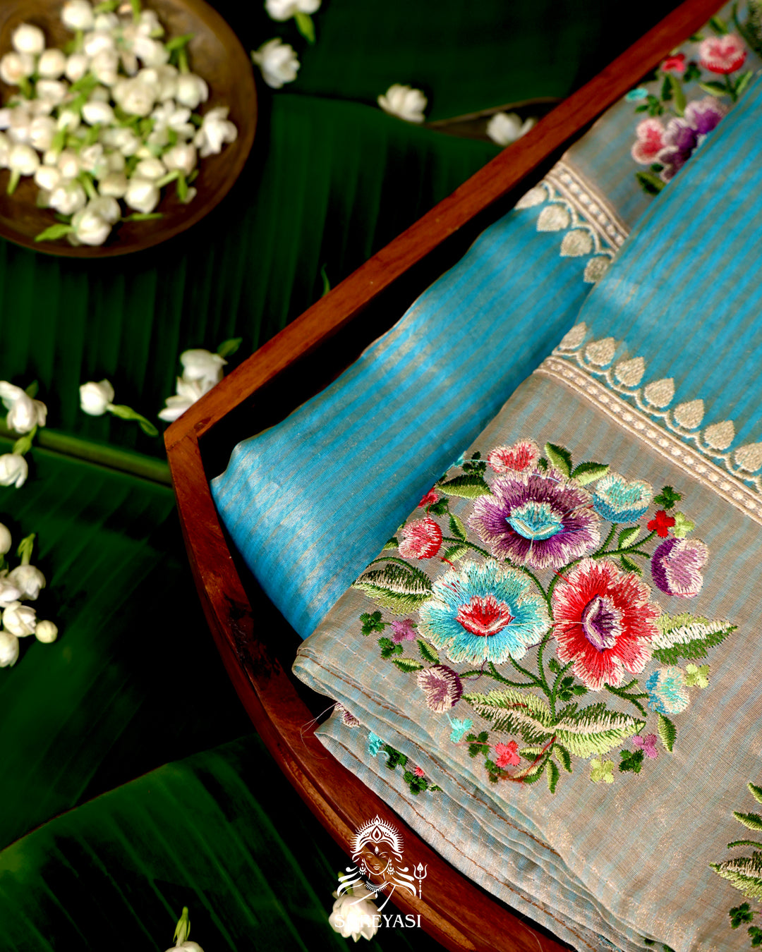 Handloom Banarasi Tissue Stripe Silk Saree with Satin Stitch Floral Embroidered Borders