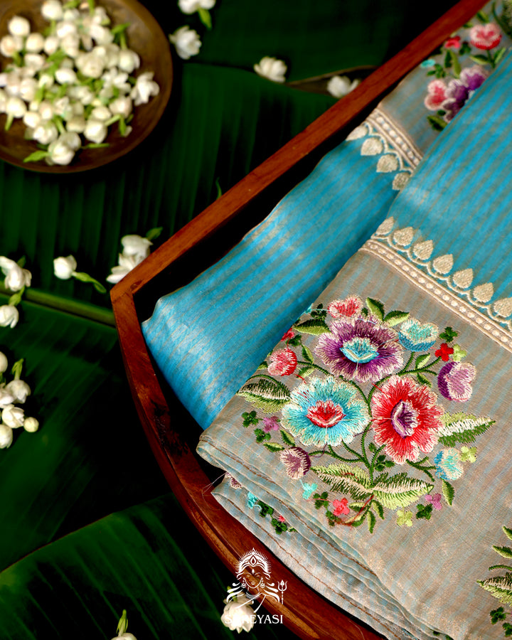 Handloom Banarasi Tissue Stripe Silk Saree with Satin Stitch Floral Embroidered Borders