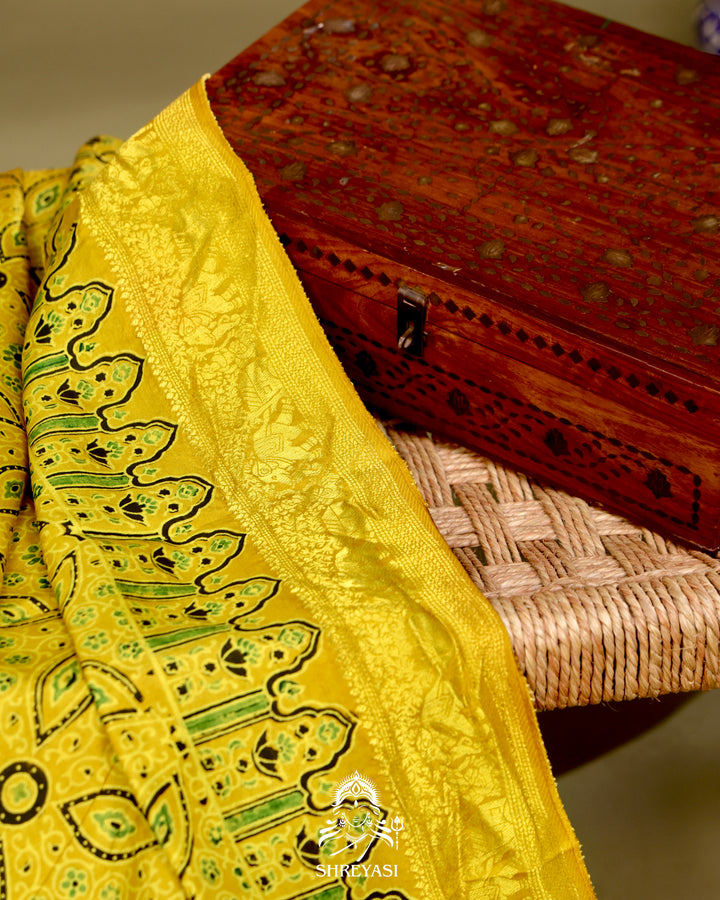 Hand Block Printed Ajrakh Dola Silk Saree with Zari Brocade Blouse