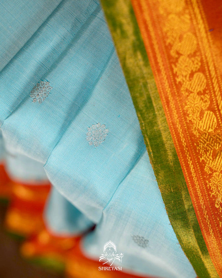 Handloom Pure Gadwal Silk Saree with Tissue Kuttu Border and full Bhuti Silk Blouse