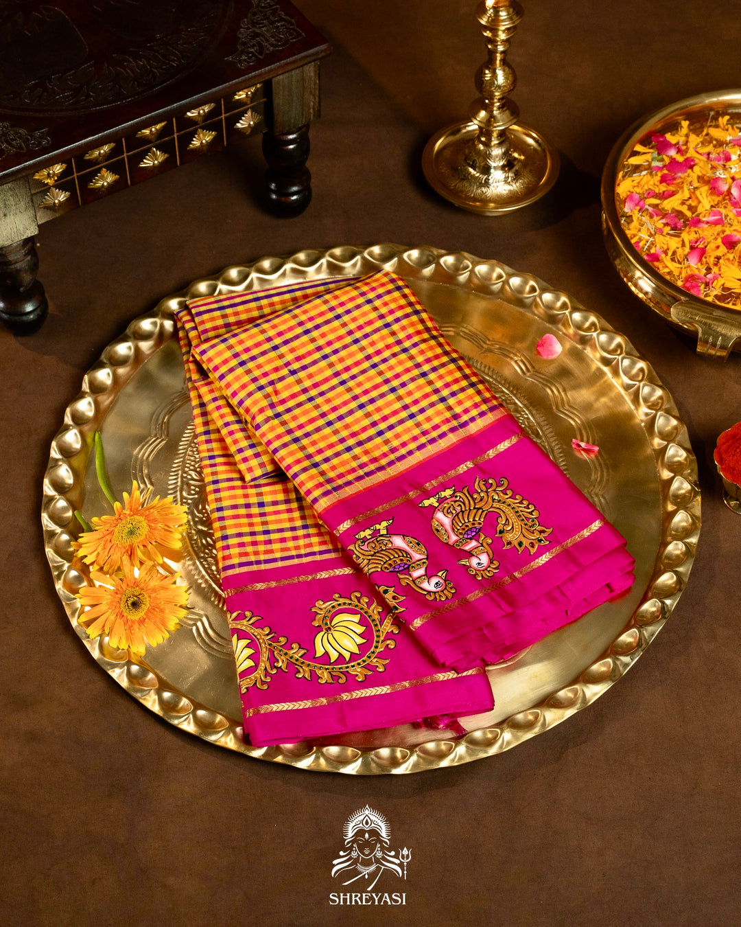 Traditional Tanjore Painting on Handloom Pure Kanjivaram Silk Sarees with Real Zari
