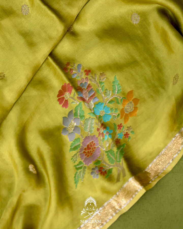 Handloom Pure Mashru Silk Saree with Sona Rupa Meenakari Bhutis and Nakshi Pallu