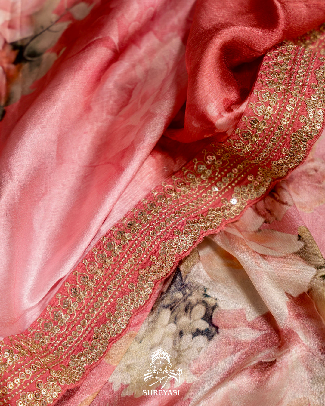Peach pink Chinon Satin Floral Saree with Embroidered Border
