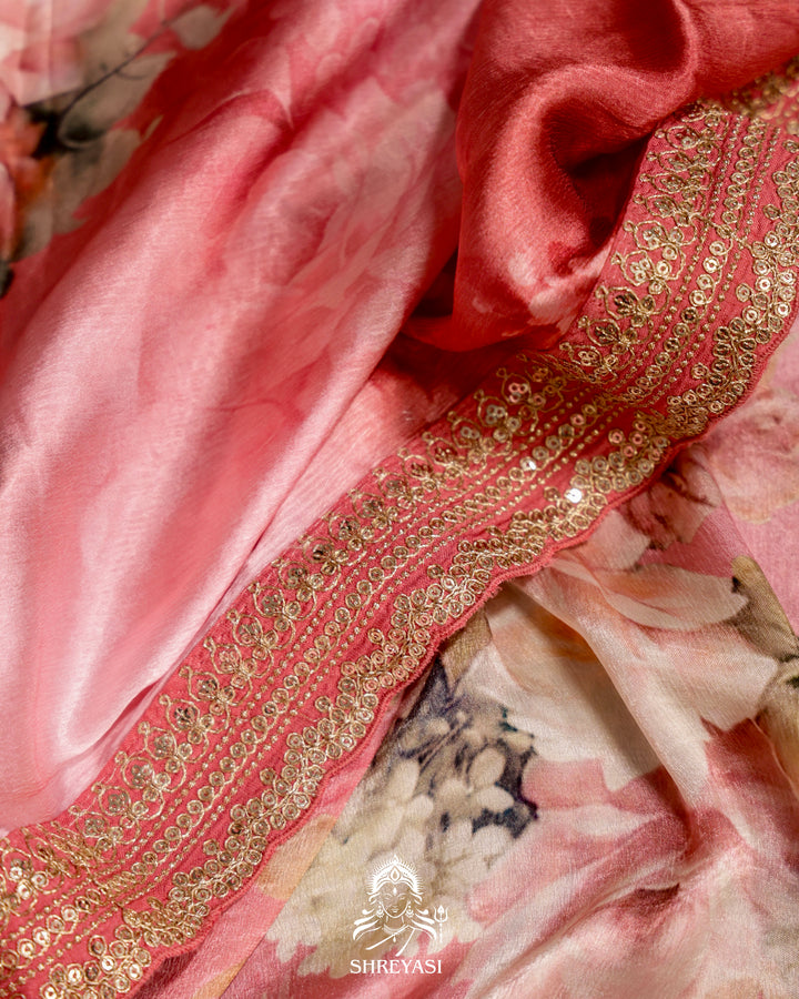 Peach pink Chinon Satin Floral Saree with Embroidered Border
