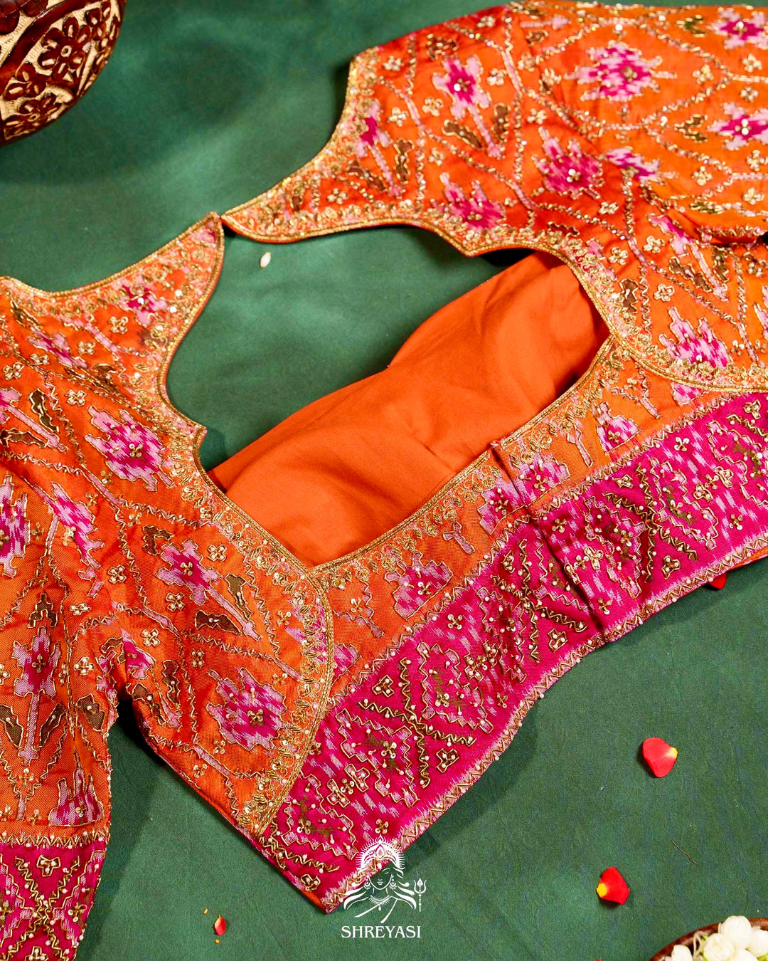 Handloom Pure Single Ikat Rajkot Patola Silk Blouse with Rich Hand Embroidery