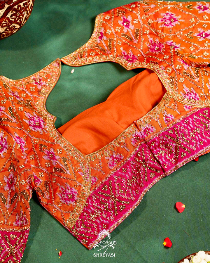 Handloom Pure Single Ikat Rajkot Patola Silk Blouse with Rich Hand Embroidery