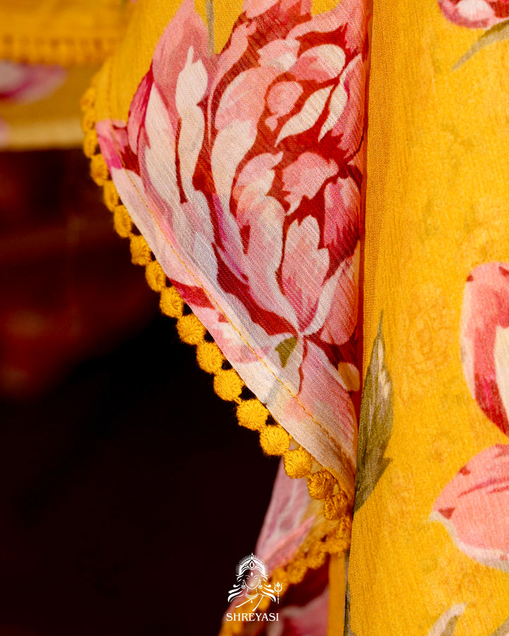 Pure Chiffon Floral Saree with Crochet Embroidery Border