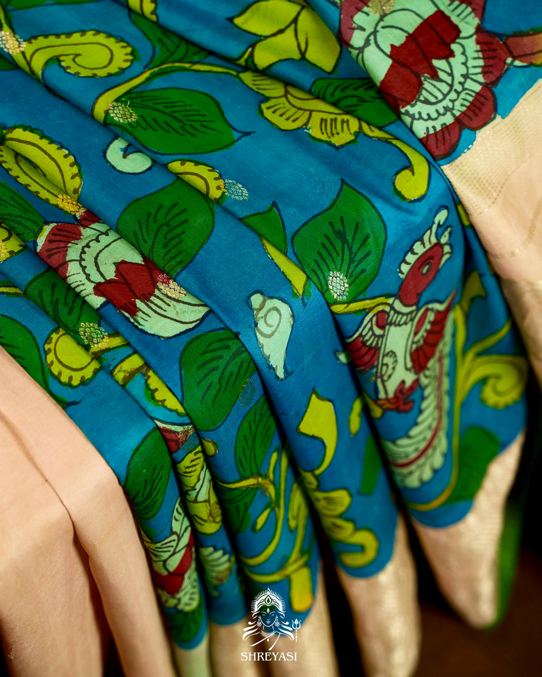 Handloom Pure Gadwal Silk Saree with Hand Painted Pen Kalamkari and Silver Zari Borders