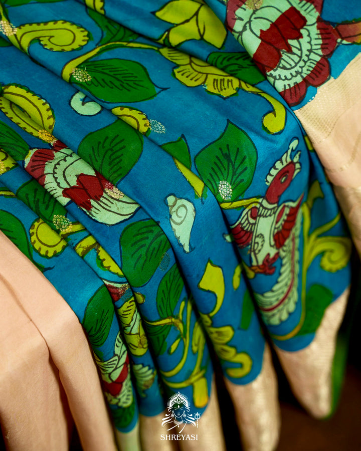 Handloom Pure Gadwal Silk Saree with Hand Painted Pen Kalamkari and Silver Zari Borders