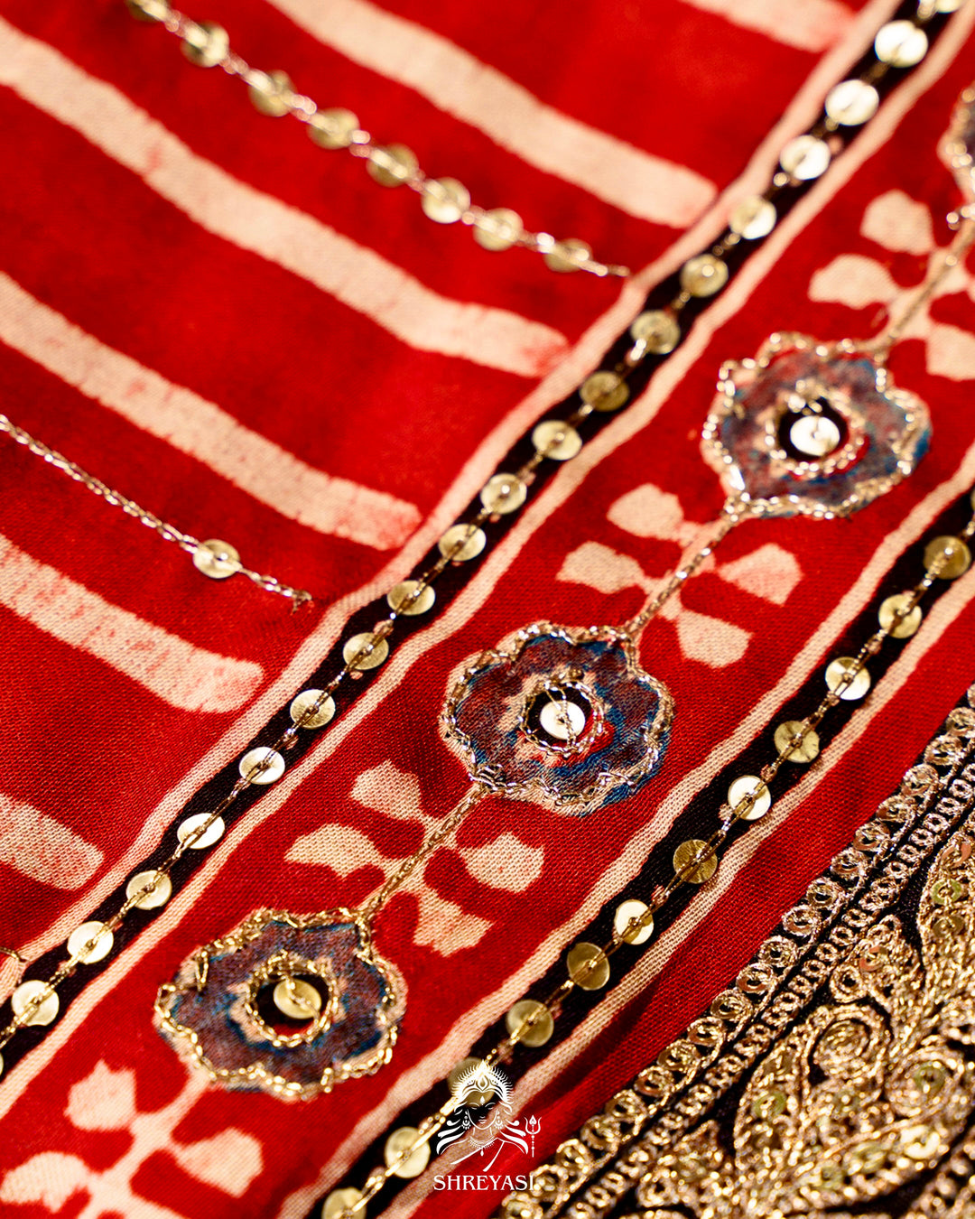 Handloom Pure Modal Silk Ajrakh Hand Block Printed Saree with Natural Dyes, All Over Aari Embroidery & Embroidered Borders