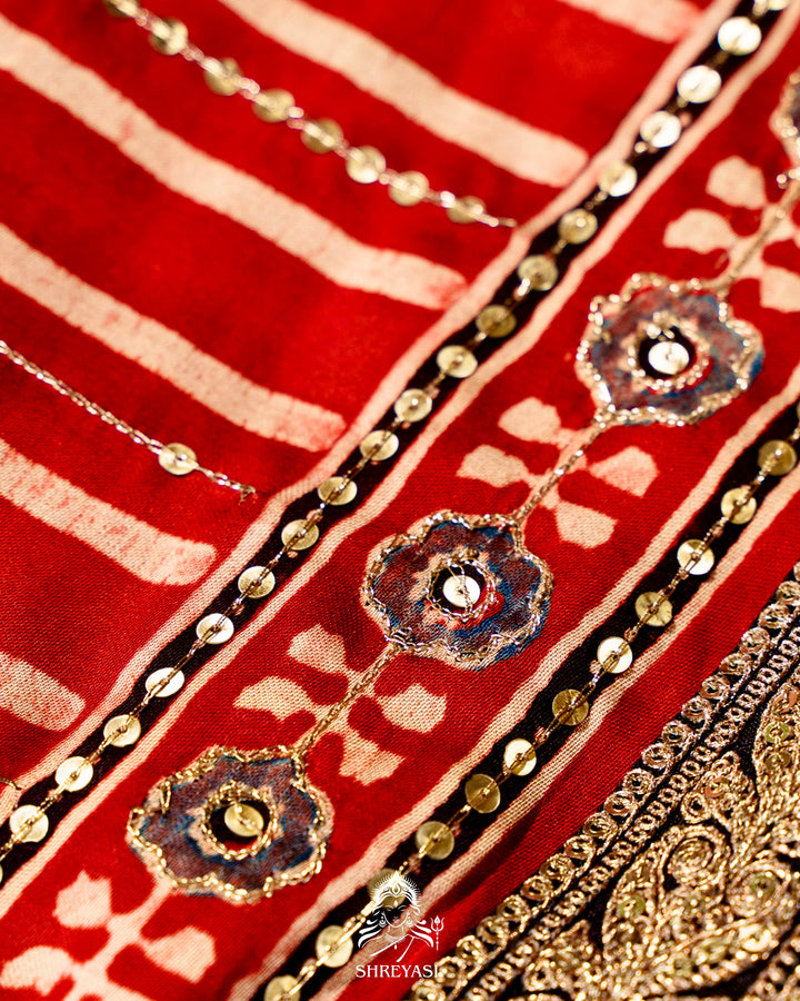 Handloom Pure Modal Silk Ajrakh Hand Block Printed Saree with Natural Dyes, All Over Aari Embroidery & Embroidered Borders