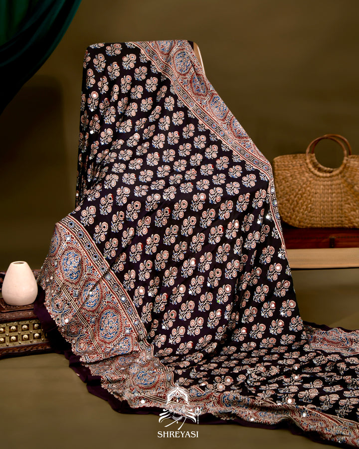 Ajrakh Hand Block Printed Pure Modal Silk Saree With Mirror Work