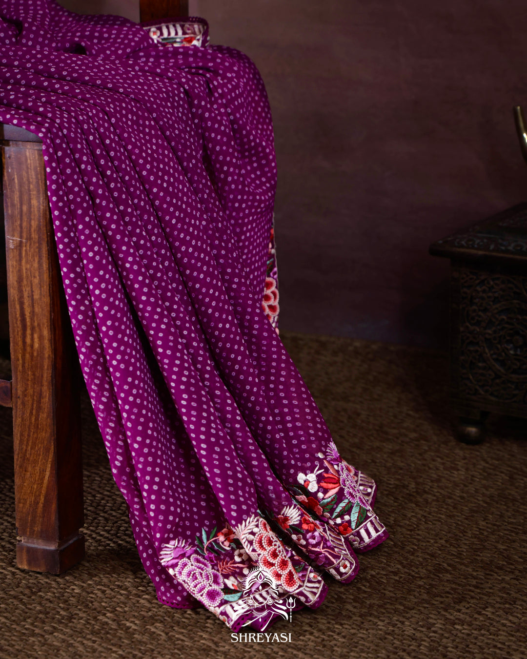 Pure Georgette Saree with Parsi Gara Style Embroidered Borders and Bandhej Body