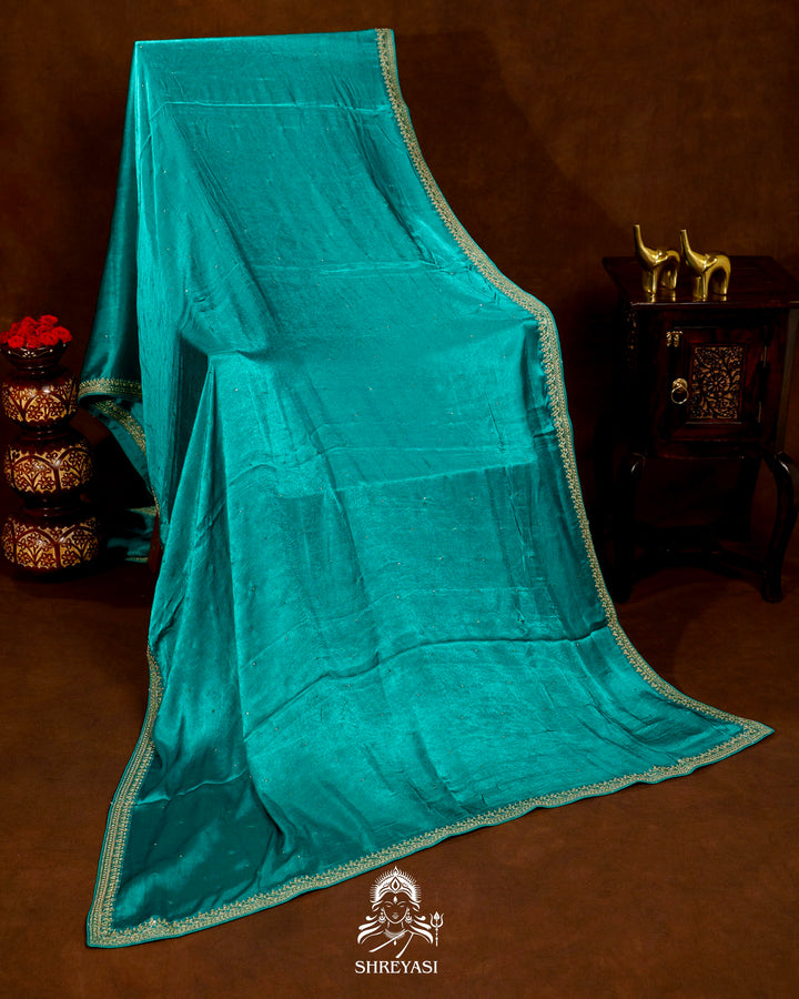 Pure Crepe Satin Saree with Embroidered Borders and Fully Embroidered Blouse