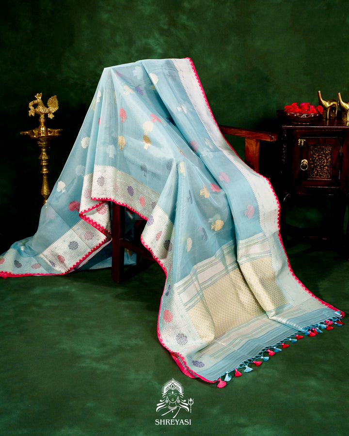 Handloom Pure Banarasi Ektara Kora Silk Saree with Meenakari Weaving & Embroidered Blouse