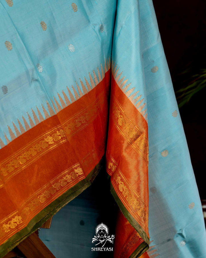 Handloom Pure Gadwal Silk Saree with Tissue Kuttu Border and full Bhuti Silk Blouse