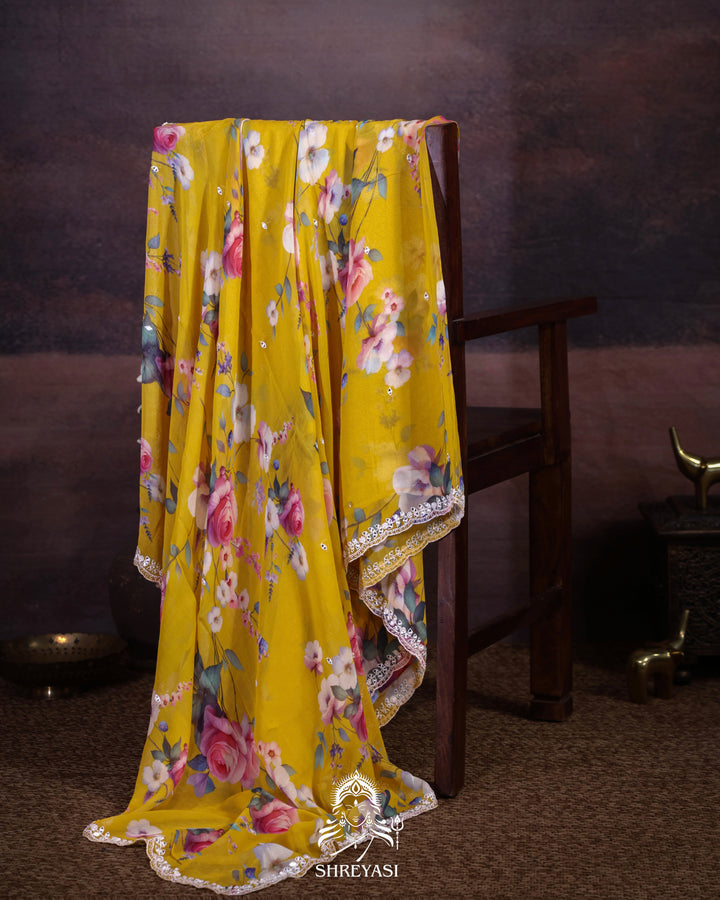 Floral Georgette Saree with Mirror Work Embroidery