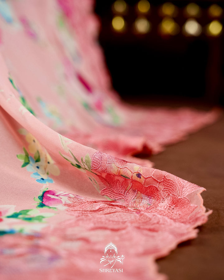 Pure Georgette Floral Saree with Chantilly Lace Embroidery Border