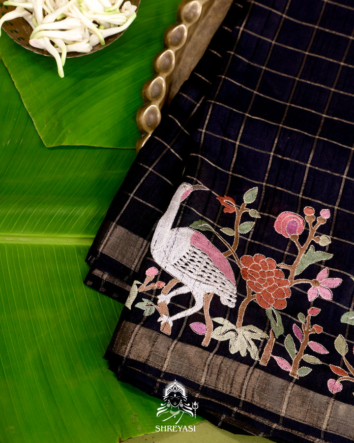 Pure Linen Tussar Silk Saree with Resham Embroidered Borders