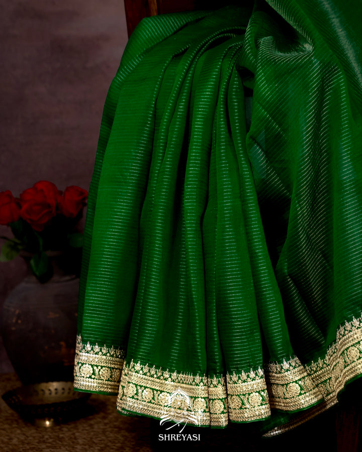 Pure Organza Silk Saree in Emerald Green with Embroidered Border