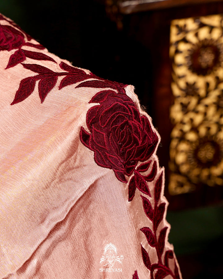 Pure Satin Silk Saree with Contrast Appliqué Borders