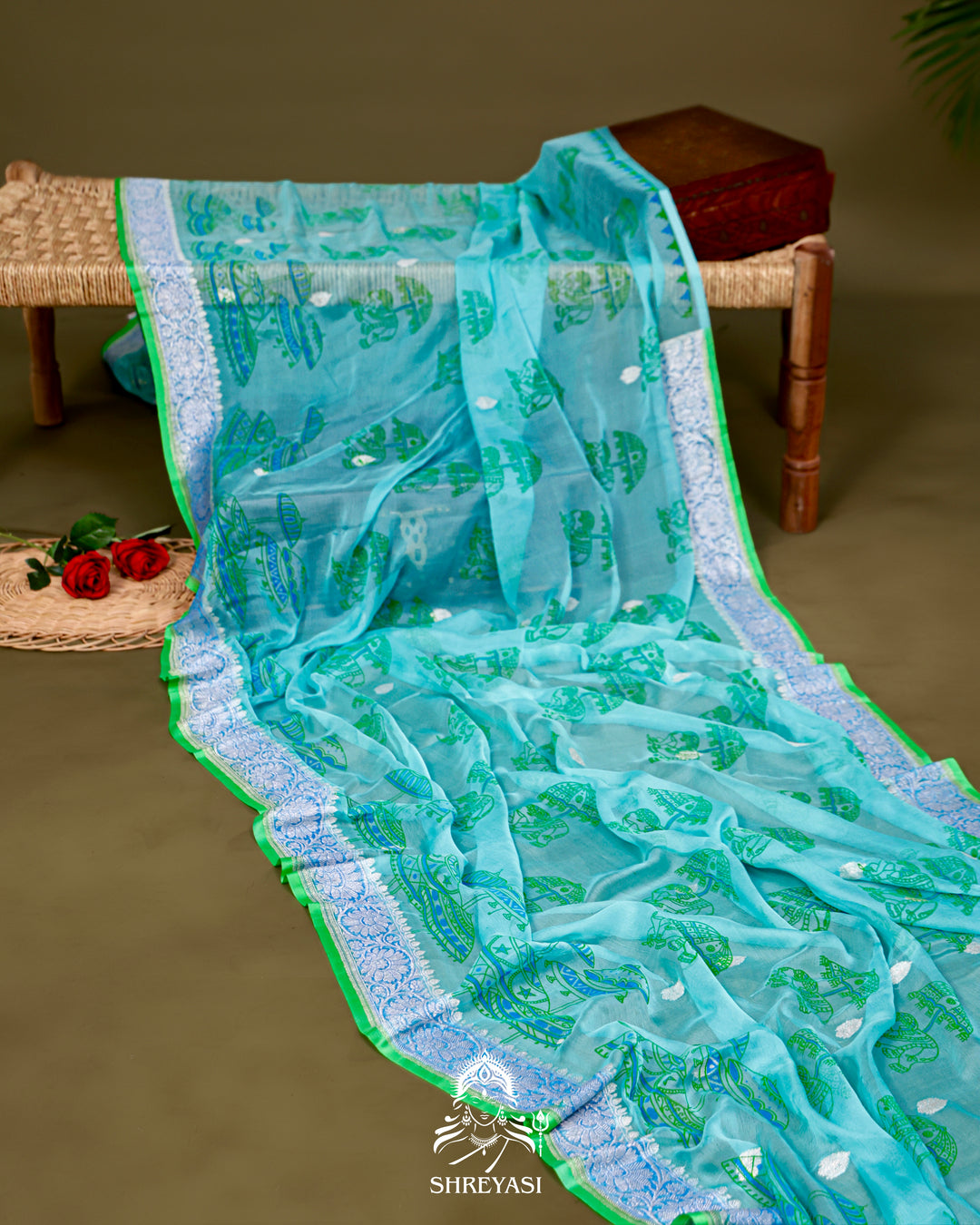 Banarasi Khaddi Chiffon Georgette Saree with Hand Block Motifs