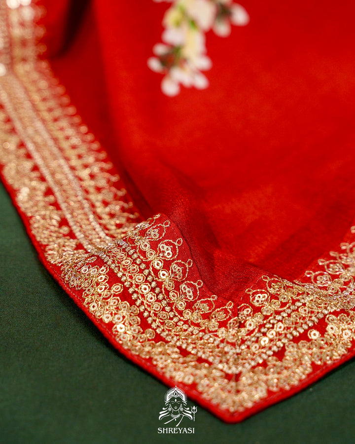 Pure Chinon Satin Silk Saree with Floral Print & Embroidered Border