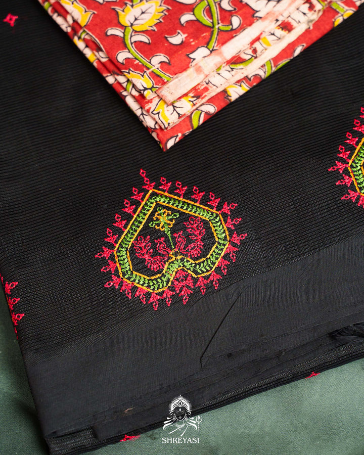 Handloom Pure Mangalagiri Silk Sarees with Mirror Work & Embroidery | Pen Kalamkari Blouse
