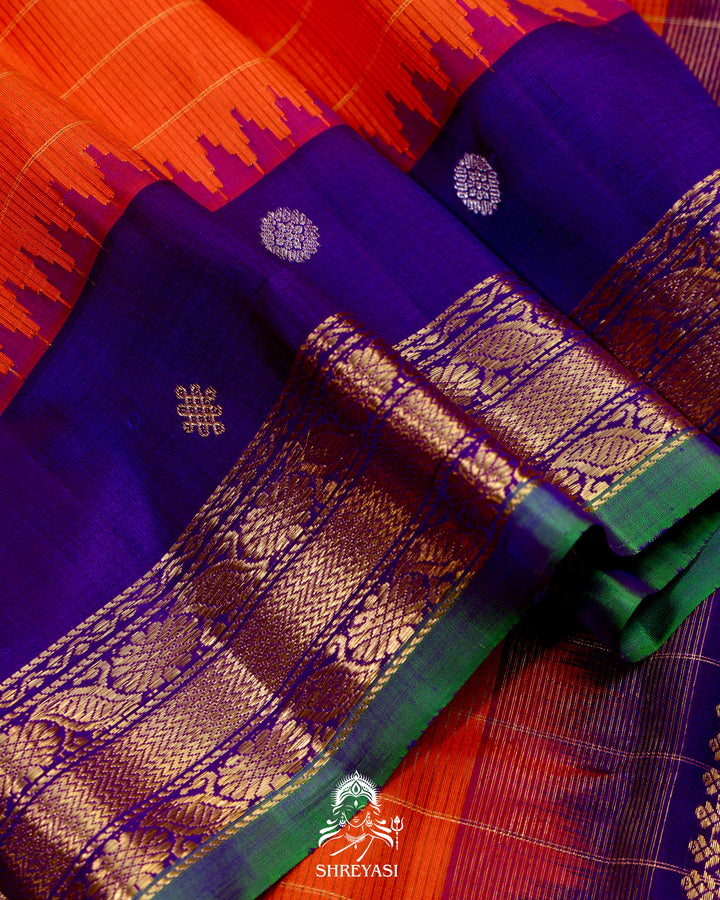 Handloom Pure Gadwal Silk Saree with Kuttu Korvai Border and Contrast Bhuti Blouse