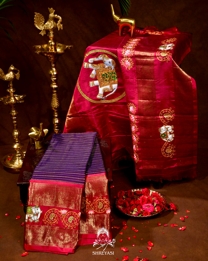 Handloom Pure Kanjivaram Silk Sarees with Real Zari and Hand Painted Tanjore Art