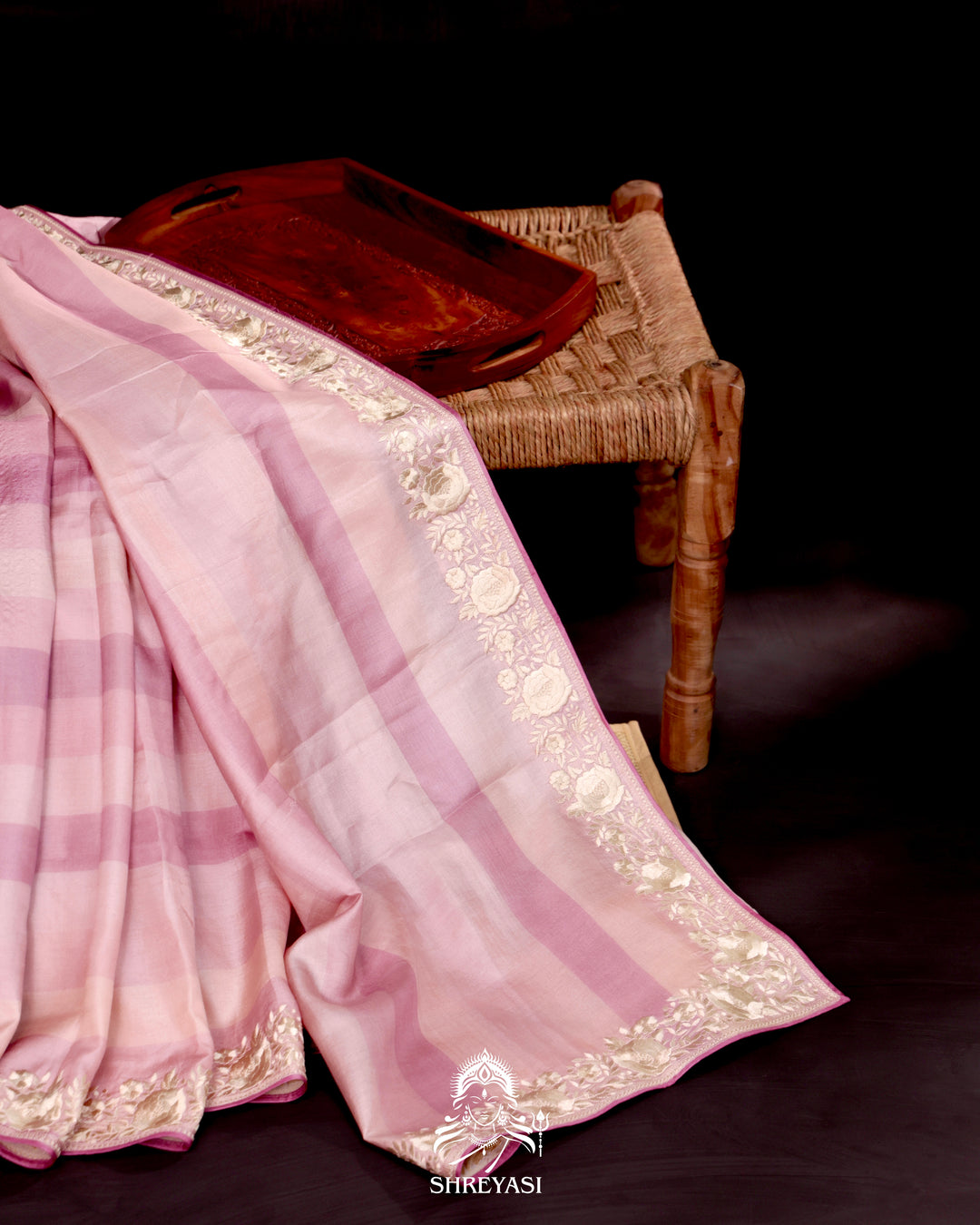 Tussar Silk Saree with Parsi Gara Embroidered Borders and Floral Parsi Gara Blouse