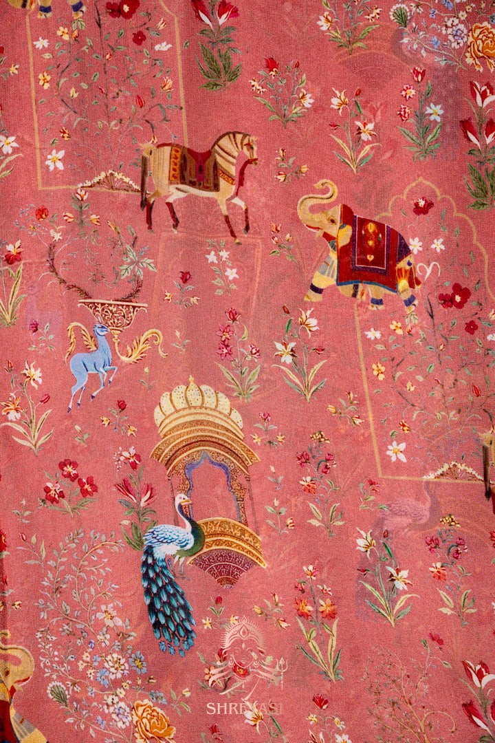 Mughal Garden Print Crepe Chinon Saree with Embroidered Border