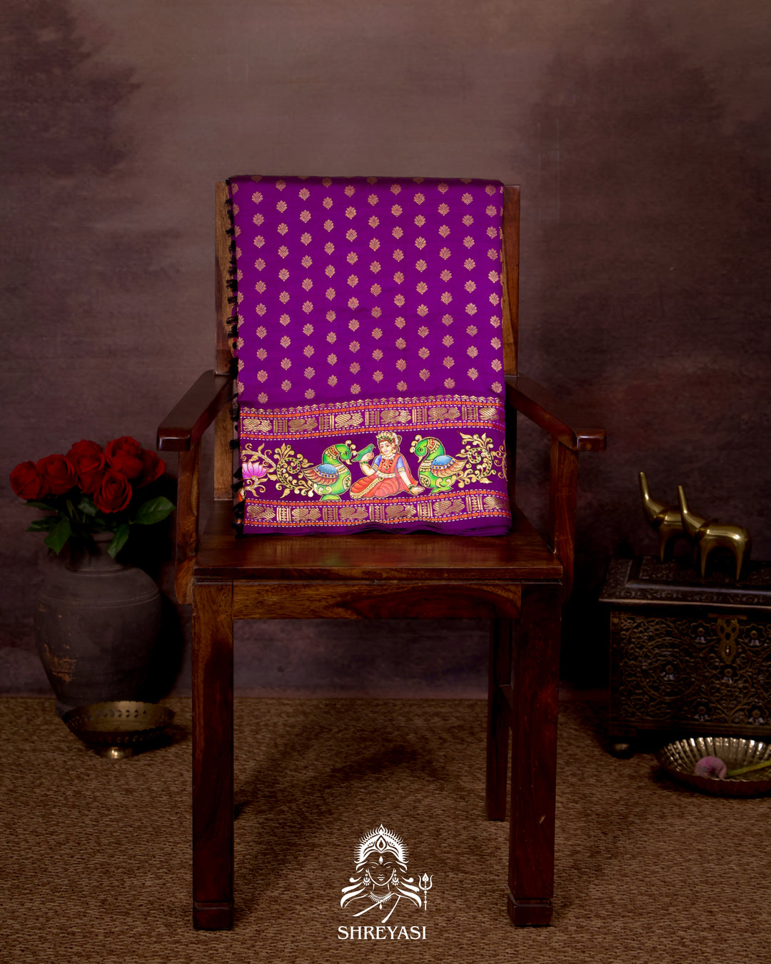 Handloom Pure Kanjivaram Silk Saree in Real Zari with Tanjore Madhura Meenakshi, Mayil and Kamalam Artwork