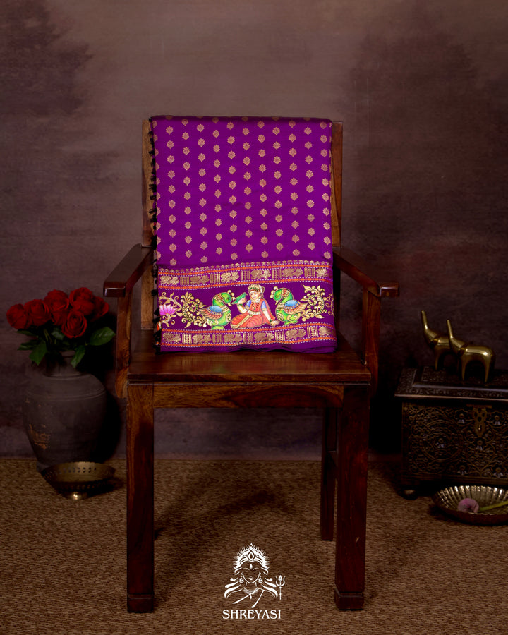 Handloom Pure Kanjivaram Silk Saree in Real Zari with Tanjore Madhura Meenakshi, Mayil and Kamalam Artwork