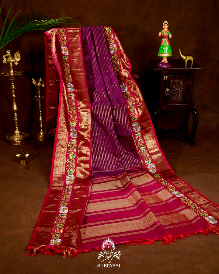Handloom Pure Kanjivaram Silk Sarees with Real Zari and Hand Painted Tanjore Art