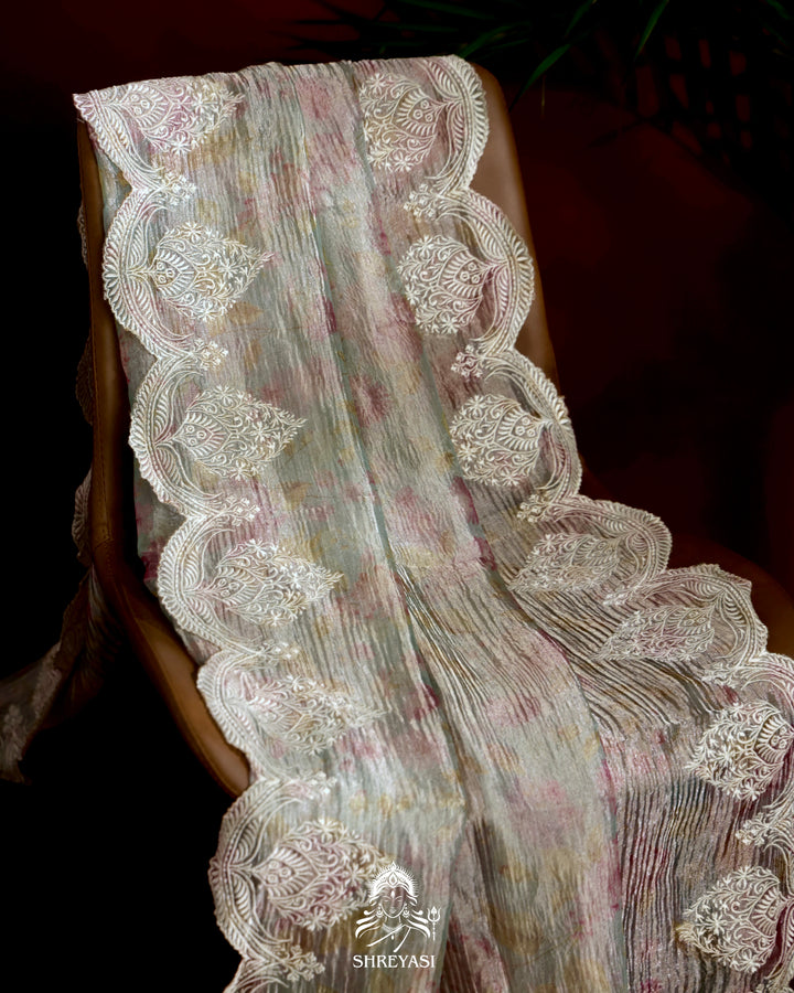 Pure Banarasi Crushed Tissue Saree with Scalloped Embroidery