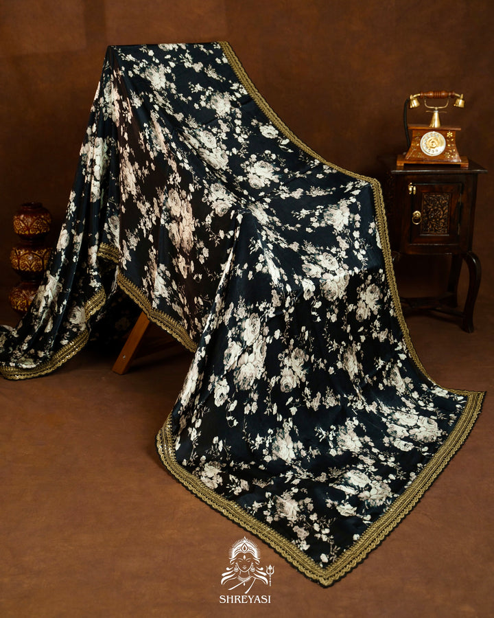 Midnight Noir Pure Chinon Satin Saree with Embroidered Borders