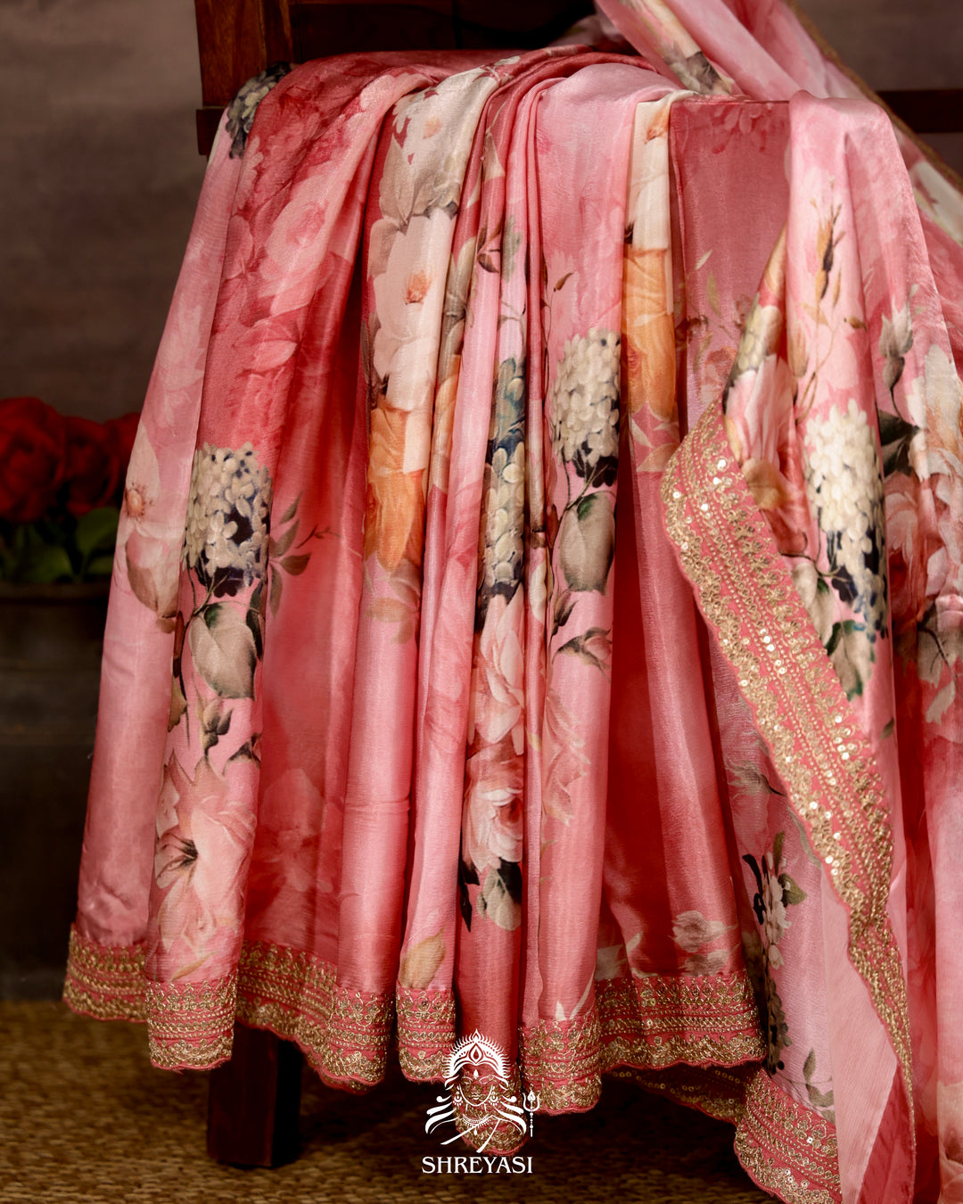 Peach pink Chinon Satin Floral Saree with Embroidered Border