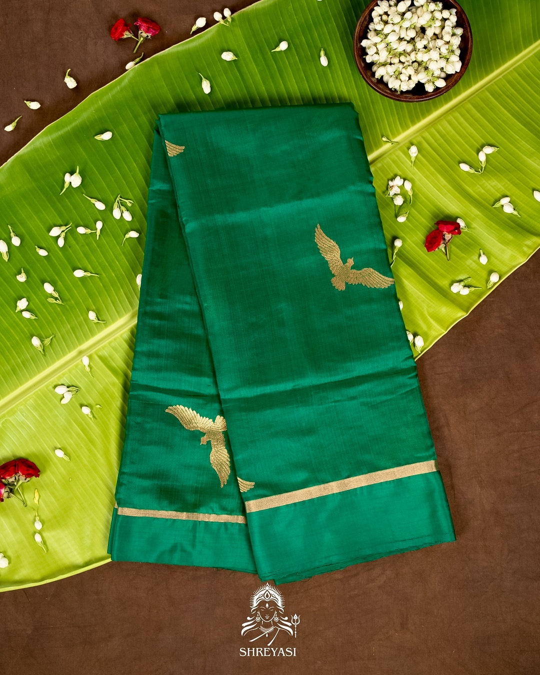 Handloom Pure Chanderi Pattu Silk Saree in Emerald Green with Bird Motifs