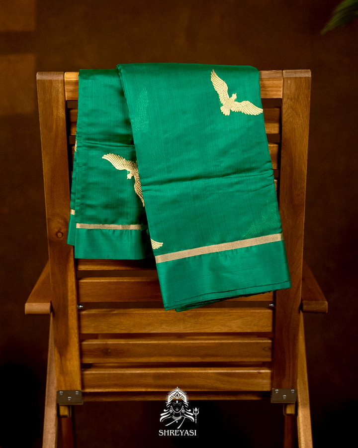 Handloom Pure Chanderi Pattu Silk Saree in Emerald Green with Bird Motifs