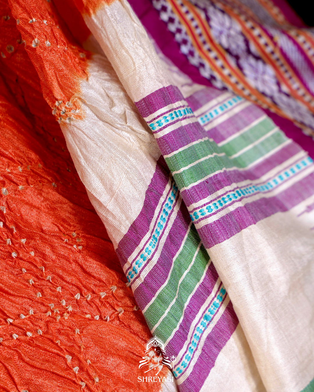 Vidarbha Karvati Kinar Tussar Silk Saree with Hand-Knotted Bandhej