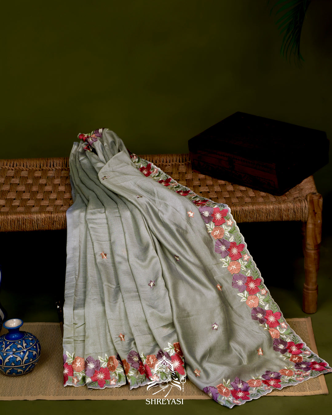 Tussar Silk Saree with Resham Floral Embroidery Border